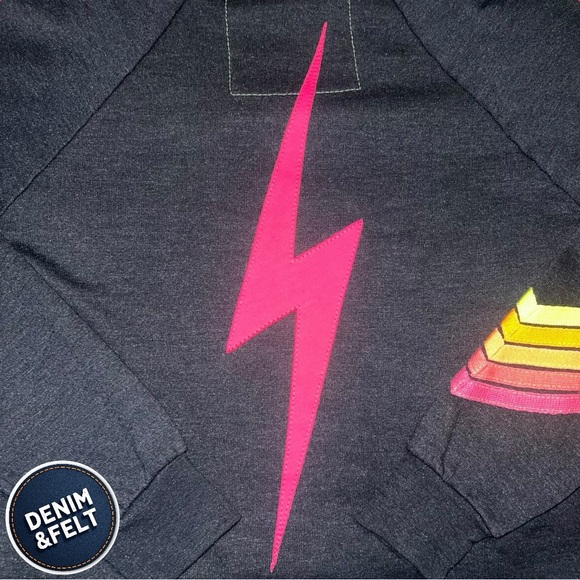 Aviator Nation Women’s Bolt Chevron 5 Stitch Split Neck Sweatshirt Charcoal/Neon - Picture 7 of 12